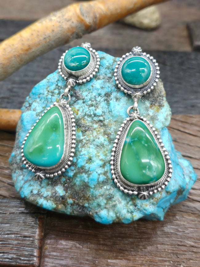 Two Stone Green Armenian Turquoise Sterling Silver Post Earrings by Darrin Livingston - 2 1/2 in. by 1 in.