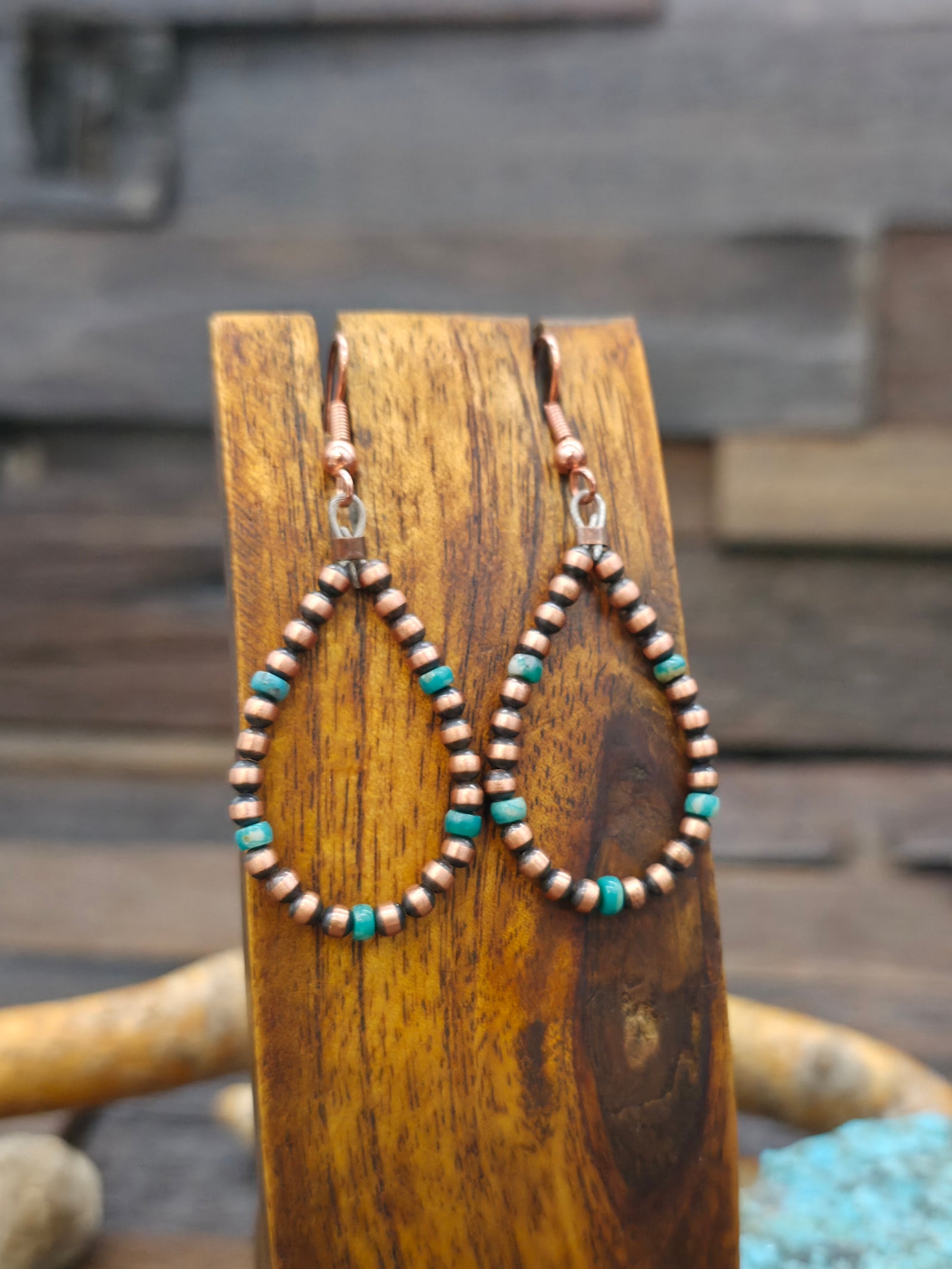 Copper and Green Turquoise Bead Loop Earrings