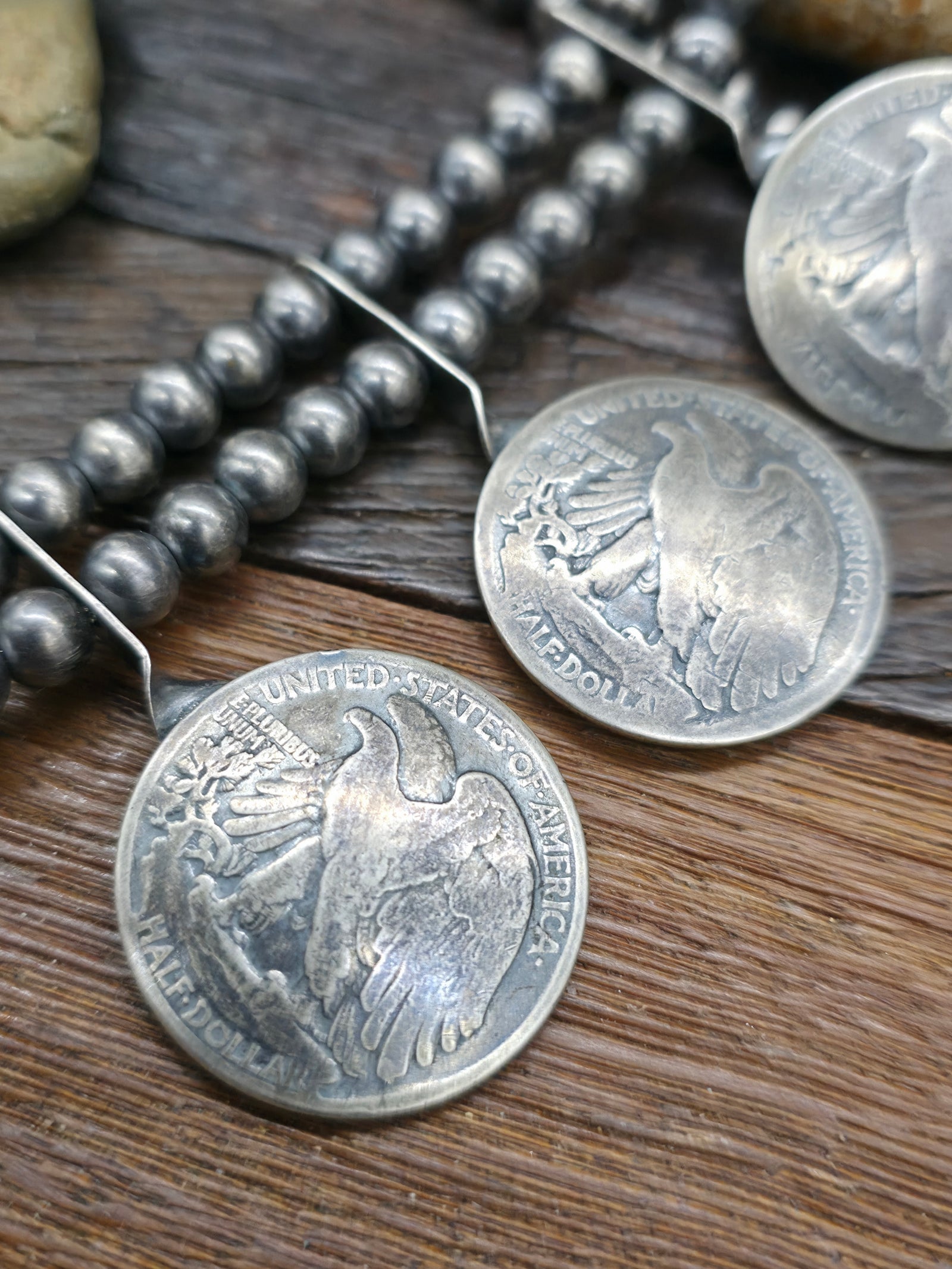 Eagle Half Dollar Coin Silver Squash Blossom Necklace - 24 in.