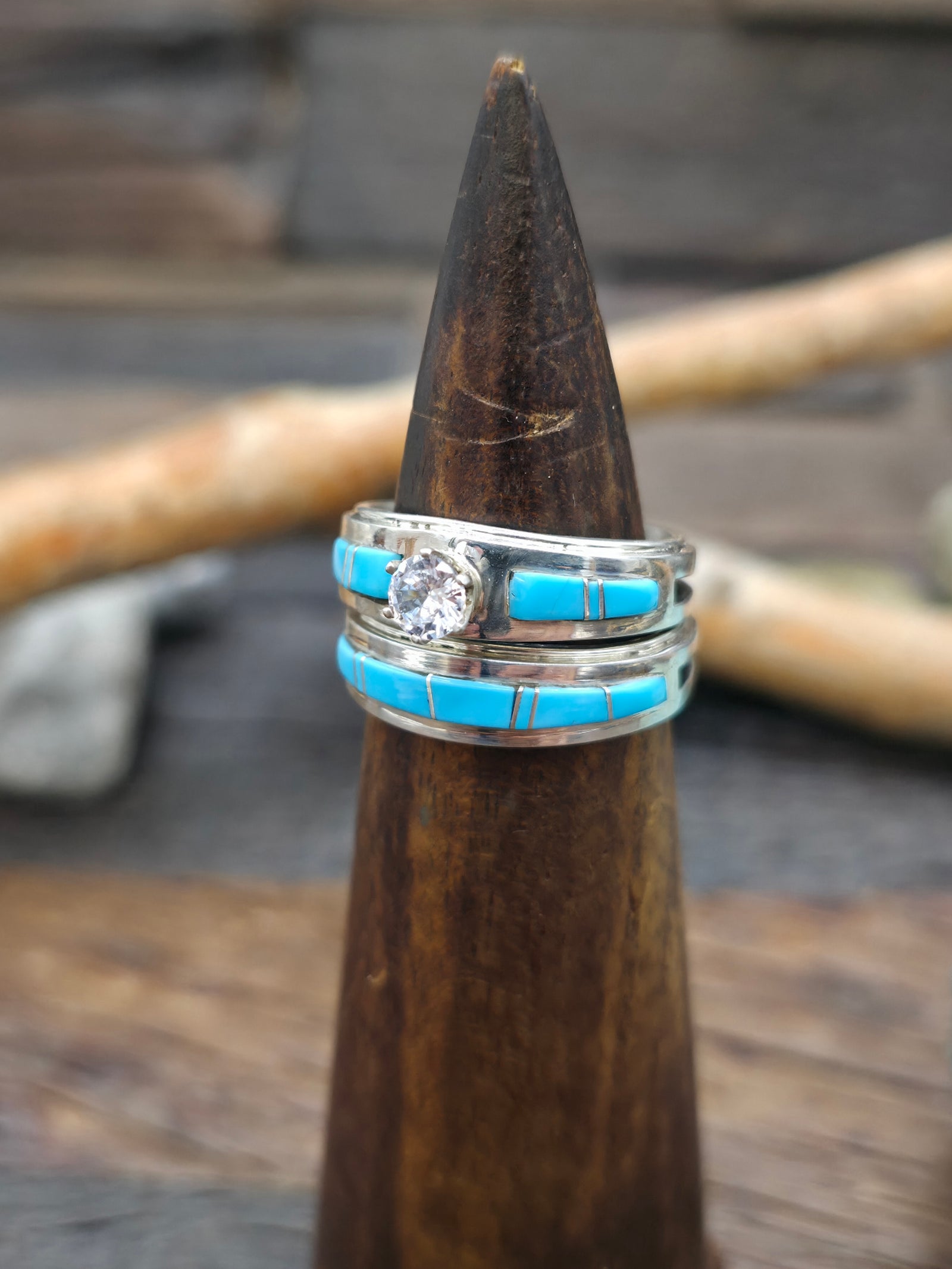Sterling Silver Turquoise Inlay Wedding Band Set by Wilbert Muskett Jr