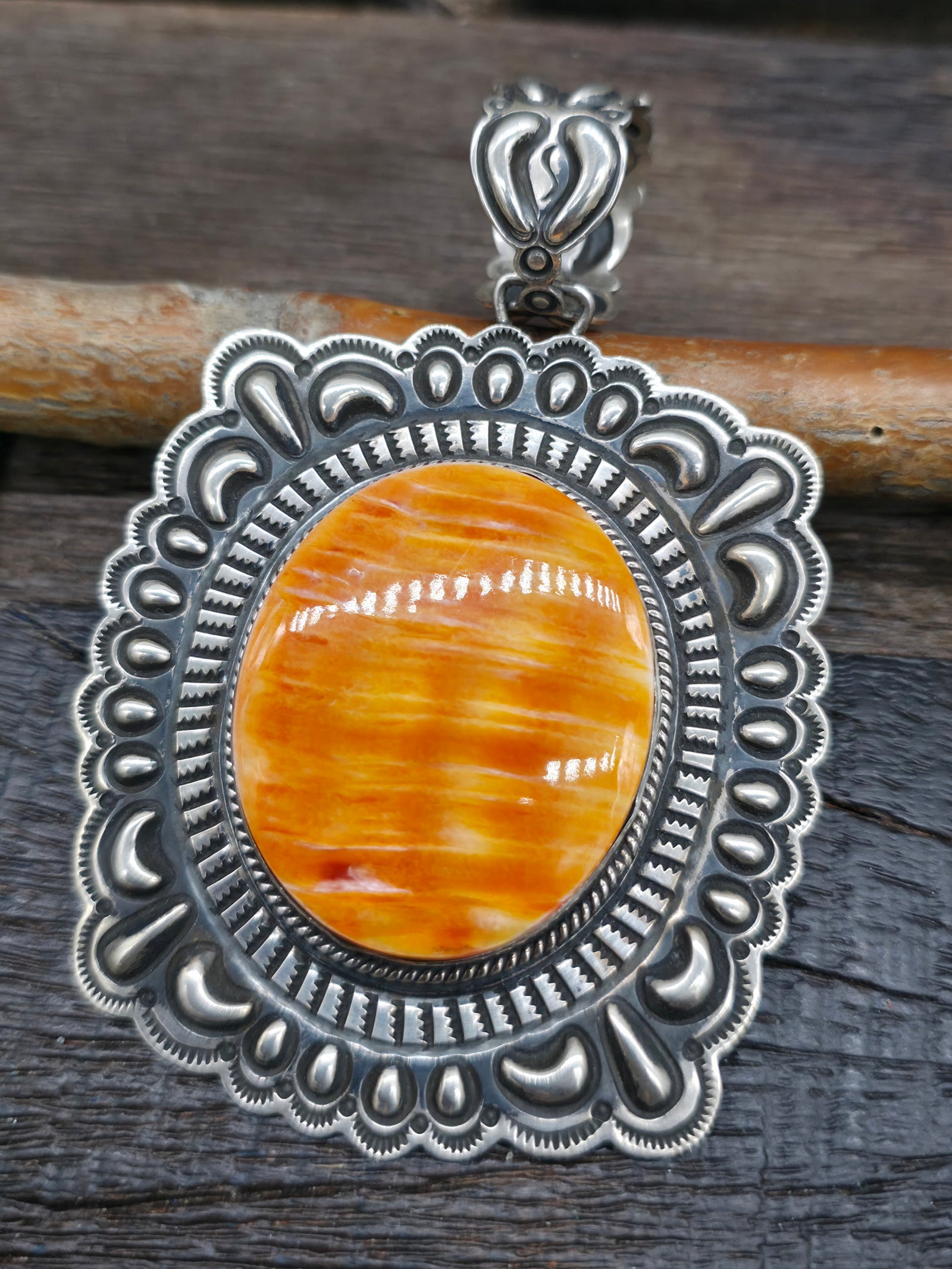 Repousse Stamped Sterling Silver Spiny Oyster Pendant by Tsosie White - 3 3/4 in. by 2 1/2 in.