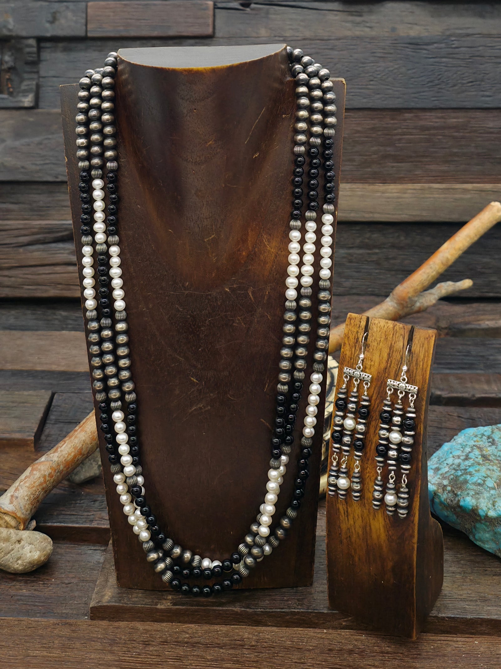 Three Strand Pearl, Onyx, and Sterling Silver Bead Necklace and Earring Set - 24 in. plus 3 in. Extender