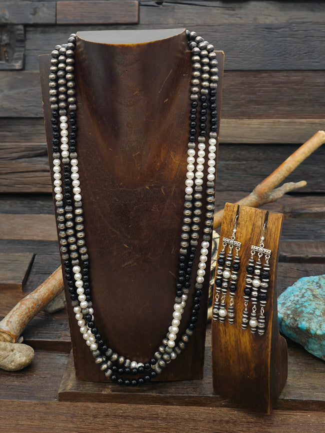 Three Strand Pearl, Onyx, and Sterling Silver Bead Necklace and Earring Set - 24 in. plus 3 in. Extender