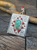 High Shine Sterling Silver Turquoise and Coral Inlay Pendant by Michael Perry - 3 1/4 in. by 2 in.