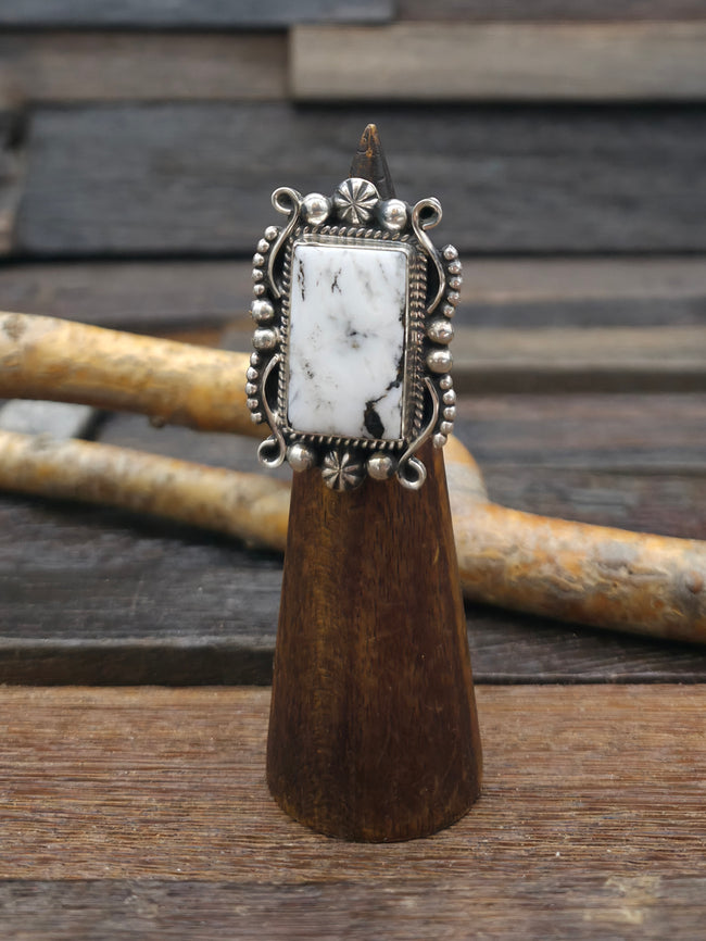 Sterling Silver Rectangular White Buffalo Ring by Geneva Apachito - Size 8