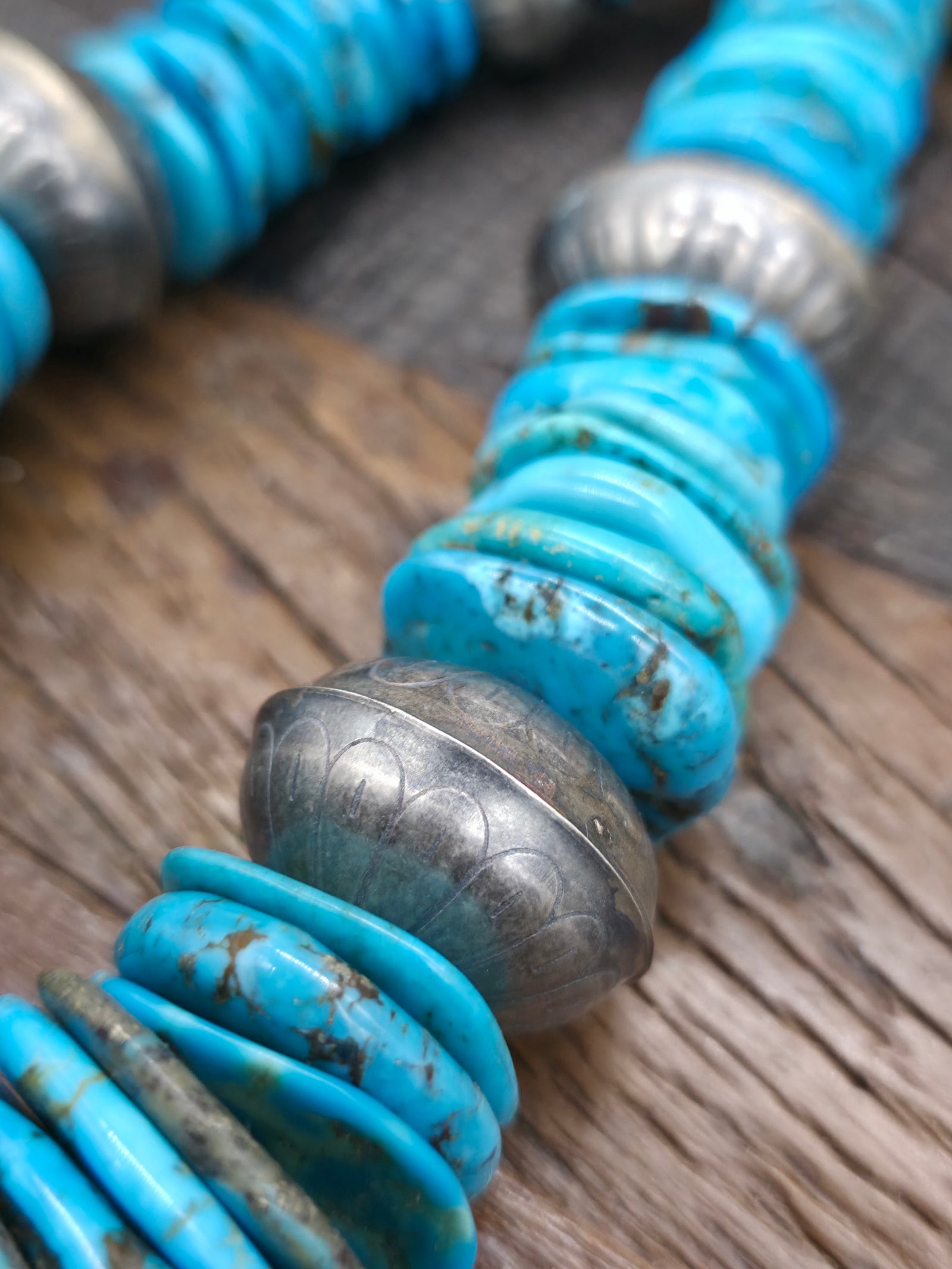 Mixed Turquoise and Sterling Silver Bead Necklace with Sterling Silver Turquoise Chimney Butte Naja - 26 in.