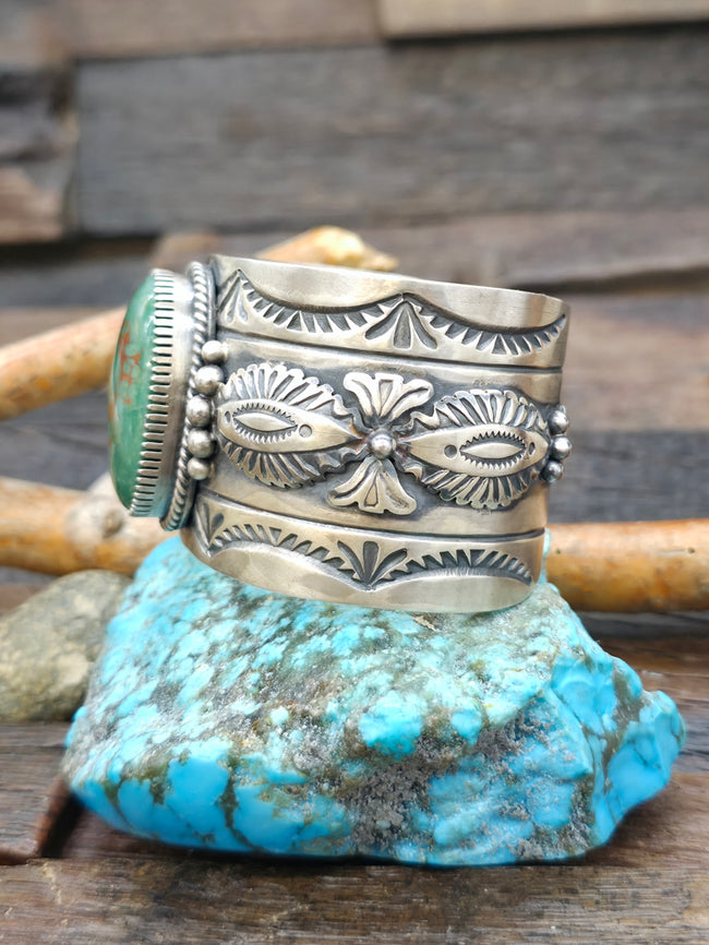 Stamped Sterling Silver Green Turquoise Cuff Bracelet by Mark Yazzie - 6 3/4 in. with Gap