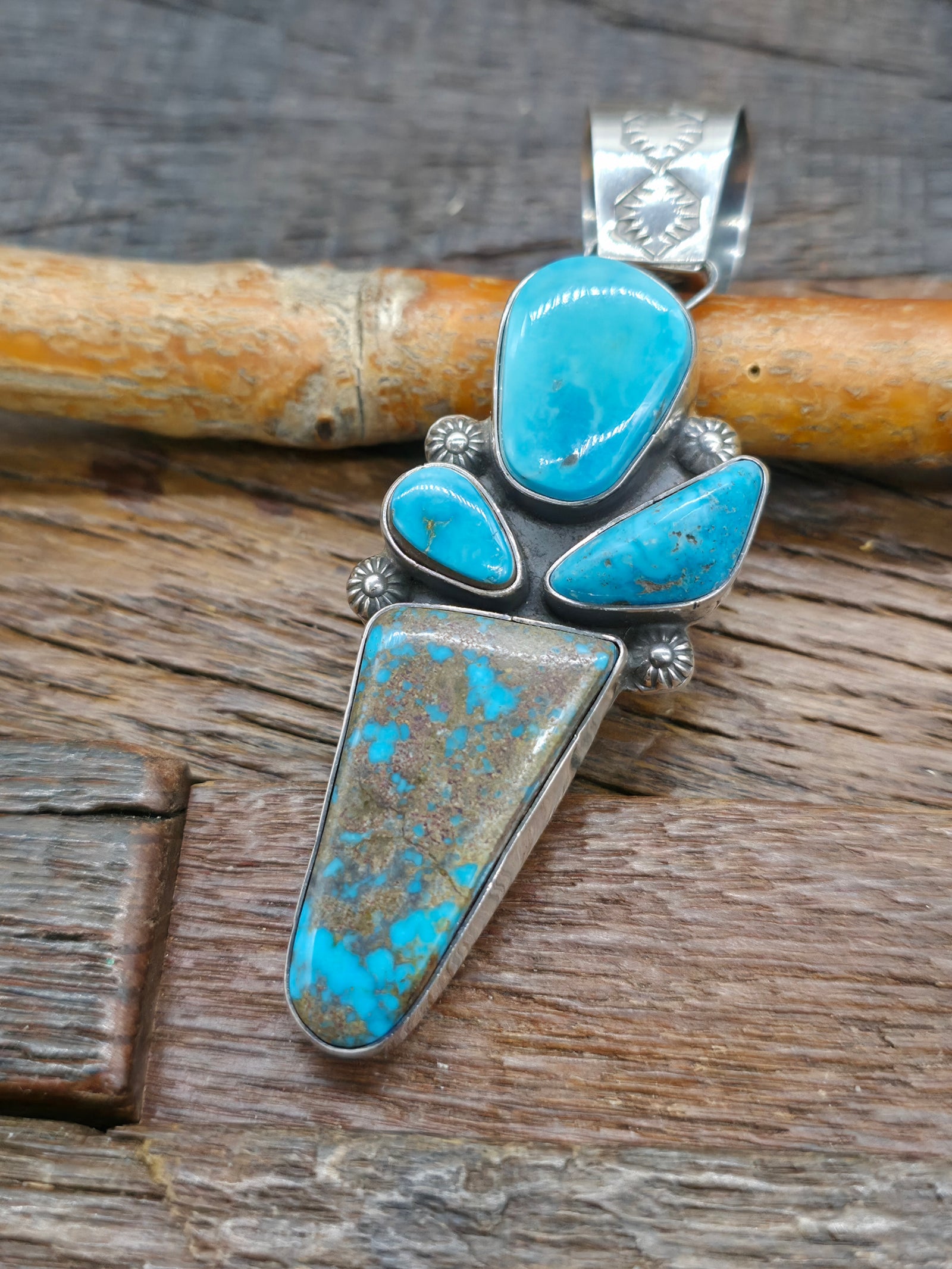 Sterling Silver Four Stone Boulder Candelaria Turquoise Pendant by Rosella Paxton - 3 1/2 in. by 1 in.