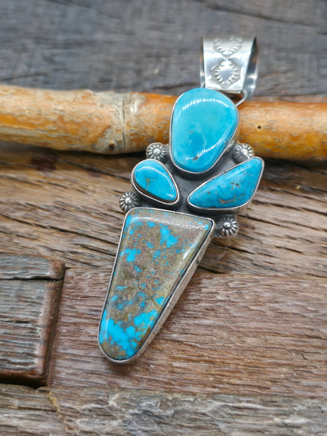Sterling Silver Four Stone Boulder Candelaria Turquoise Pendant by Rosella Paxton - 3 1/2 in. by 1 in.