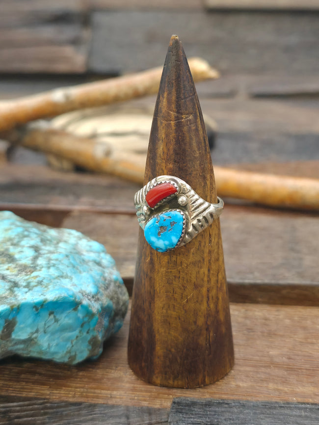 Two Stone Stamped Sterling Silver Turquoise and Coral Ring by Paulina Nelson - Size 12