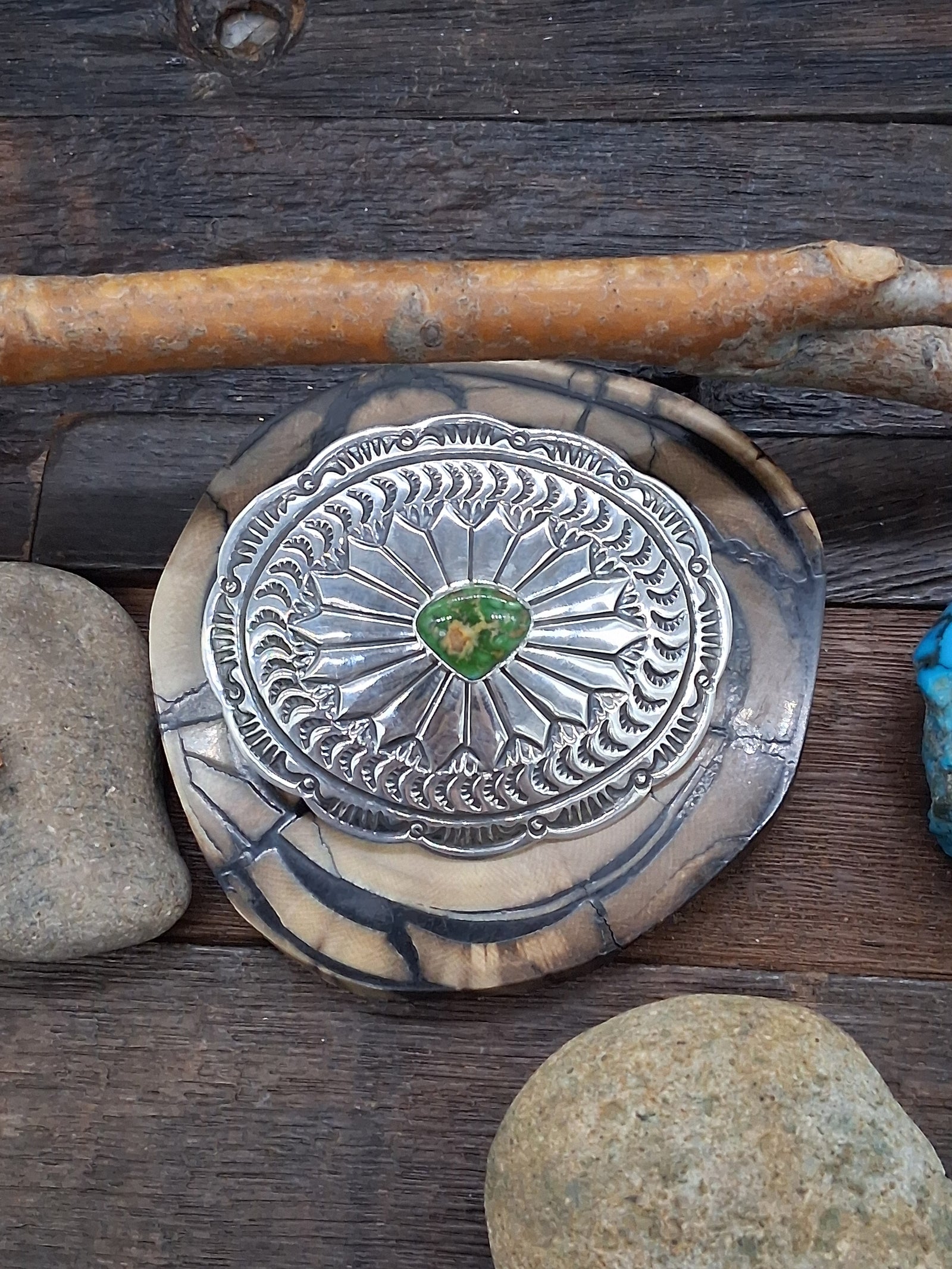 Stamped Sterling Silver and Sonoran Turquoise Belt Buckle by Delbert Delgarito