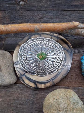 Stamped Sterling Silver and Blue Gem Turquoise Belt Buckle by Delbert Delgarito