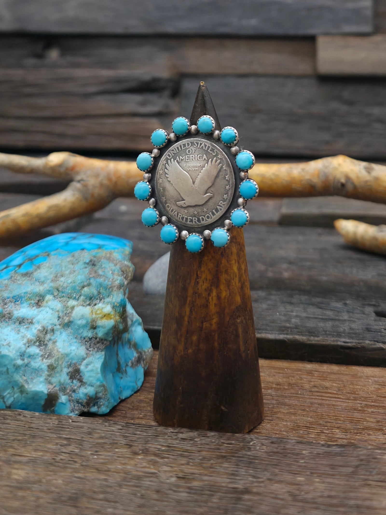 Turquoise Eagle Quarter Coin Ring by Lawrence Archuleta - Size 6 1/2
