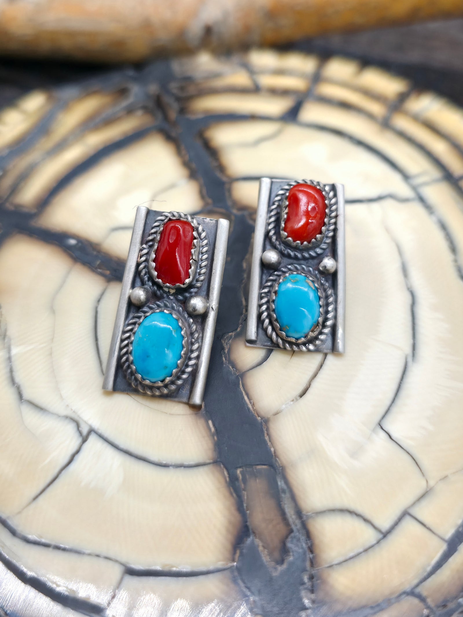 Sterling Silver Blue Gem Turquoise and Coral Post Earrings by LaRose Ganadanegro
