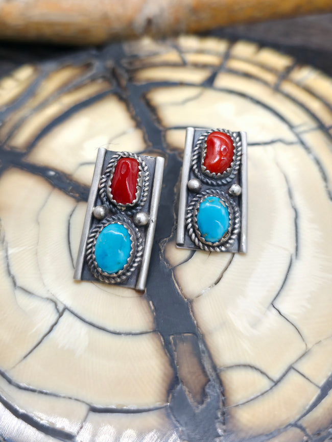 Sterling Silver Blue Gem Turquoise and Coral Post Earrings by LaRose Ganadanegro