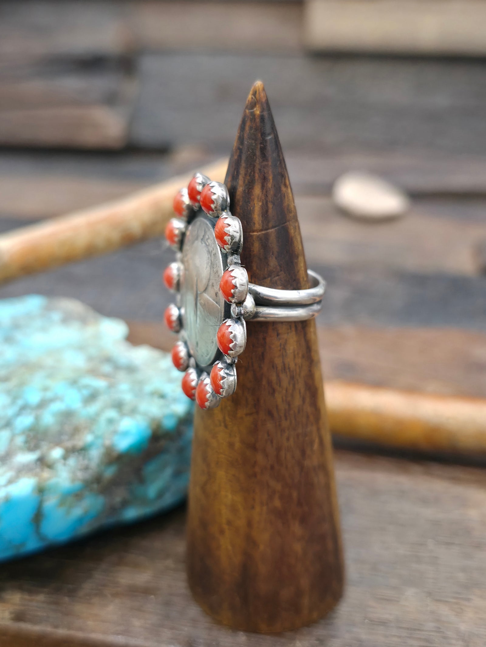 Coral Liberty Quarter Coin Ring by Lawrence Archuleta - Size 8 1/2