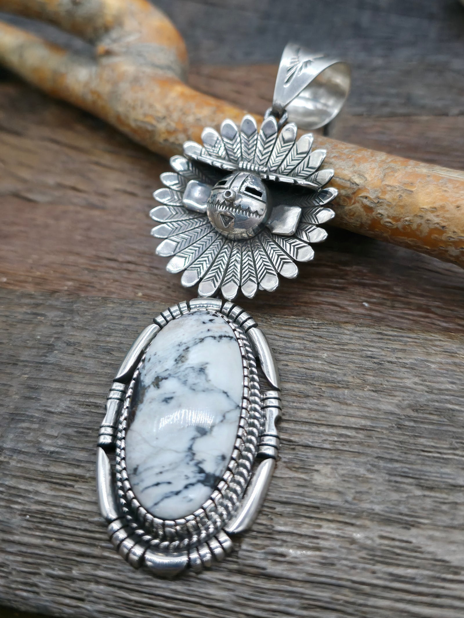 Sterling Silver and White Buffalo Kachina Pendant by F. Charley