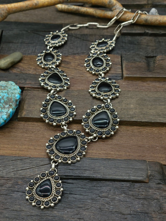 Black Onyx and Sterling Silver Lariat Necklace by Melvin and Tiffany Jones - 33 in.