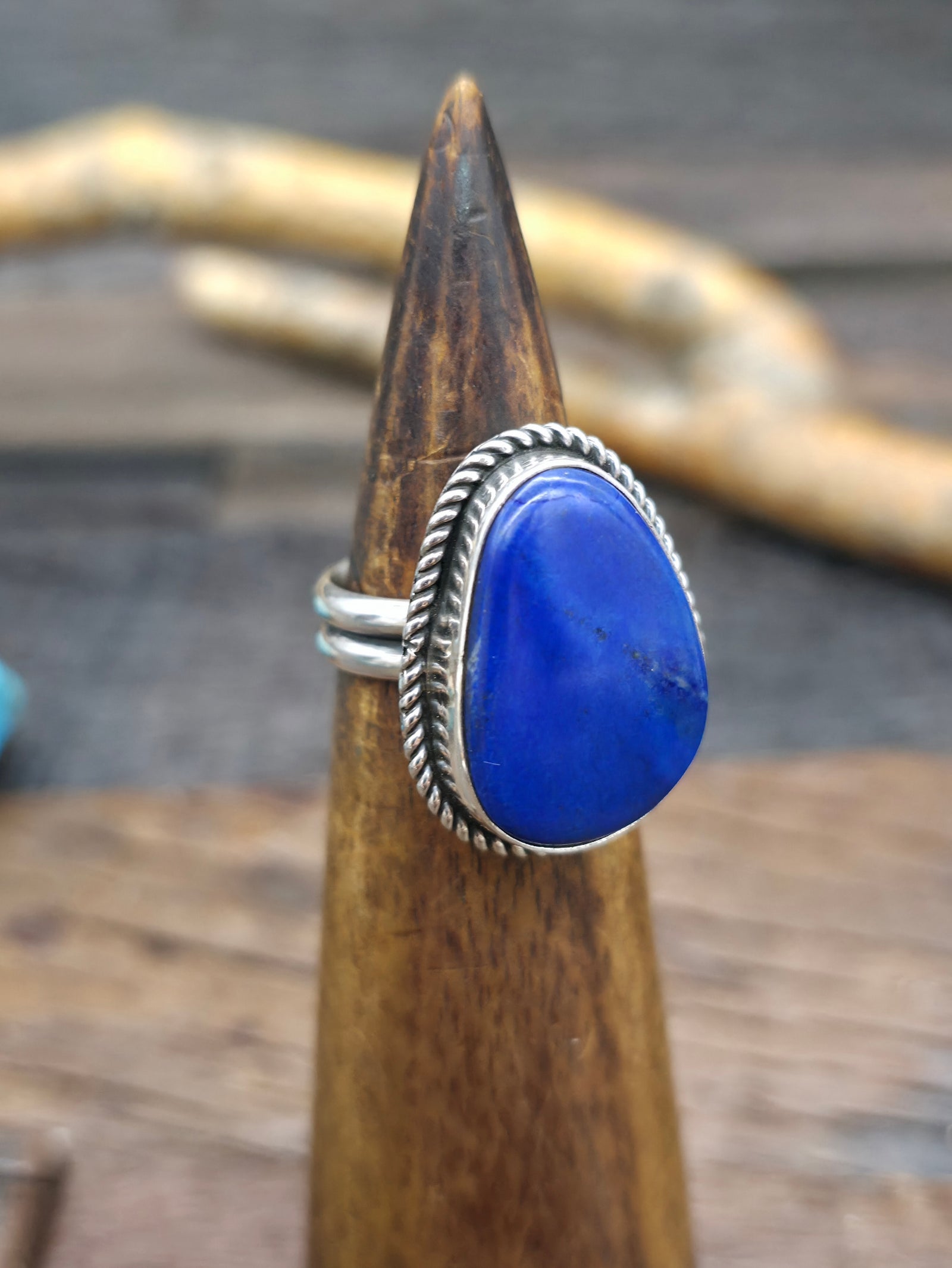 Sterling Silver Pear Shaped Lapis Lazuli Ring by "E" - Adjustable