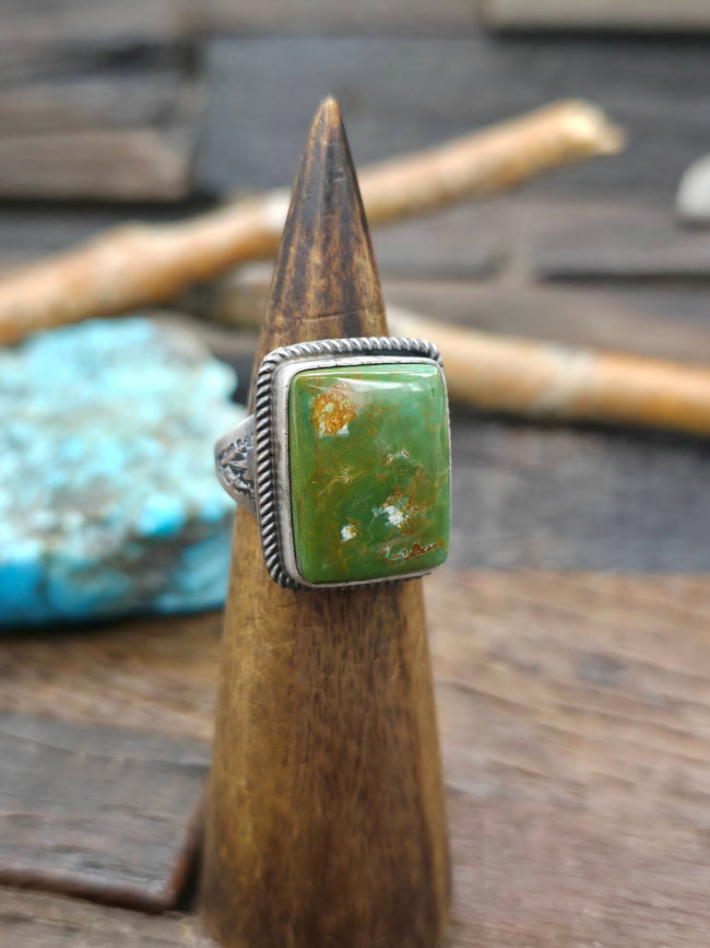 Rectangular Brushed Sterling Silver Royston Turquoise Ring by L. Ganado - Size 10