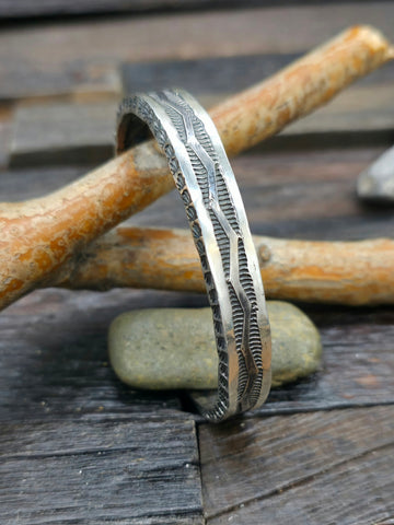 Stamped Sterling Silver and Ribbon Turquoise Cuff by Delbert Delgarito  - 6 3/4 in.