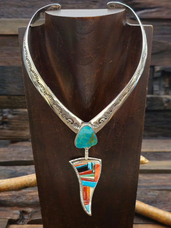 Sterling Silver Stamped Collar Necklace with Cobblestone Inlay Pendant by David Tune - 15 in.
