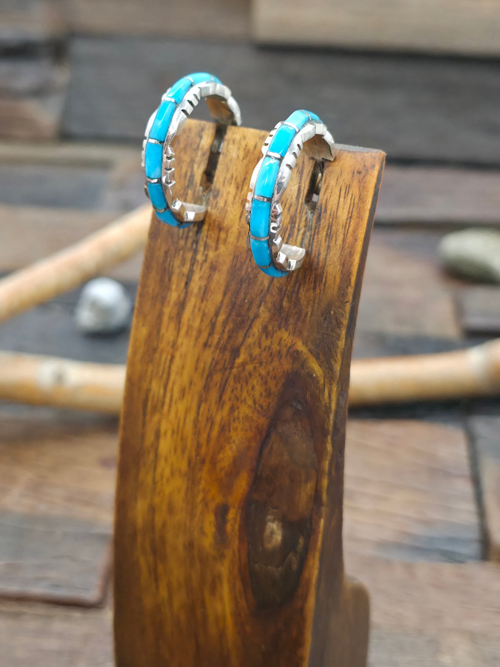 Sterling Silver Blue Turquoise Inlay Hoop Earrings