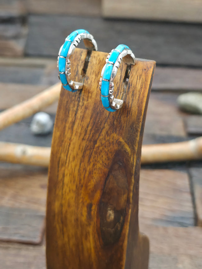 Sterling Silver Blue Turquoise Inlay Hoop Earrings