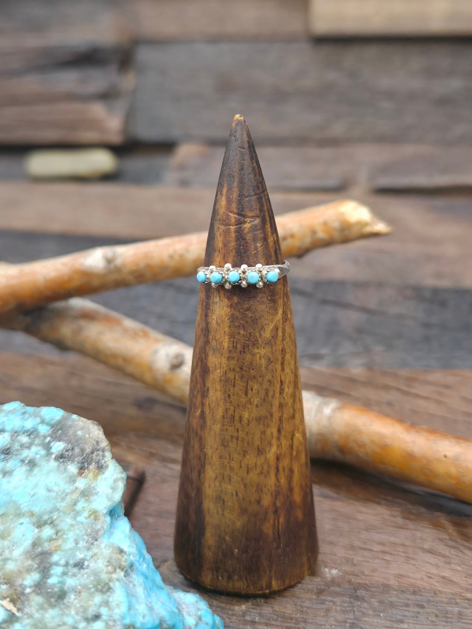 Sterling Silver Turquoise Dainty Petit Point Ring by April Haloo - Size 7