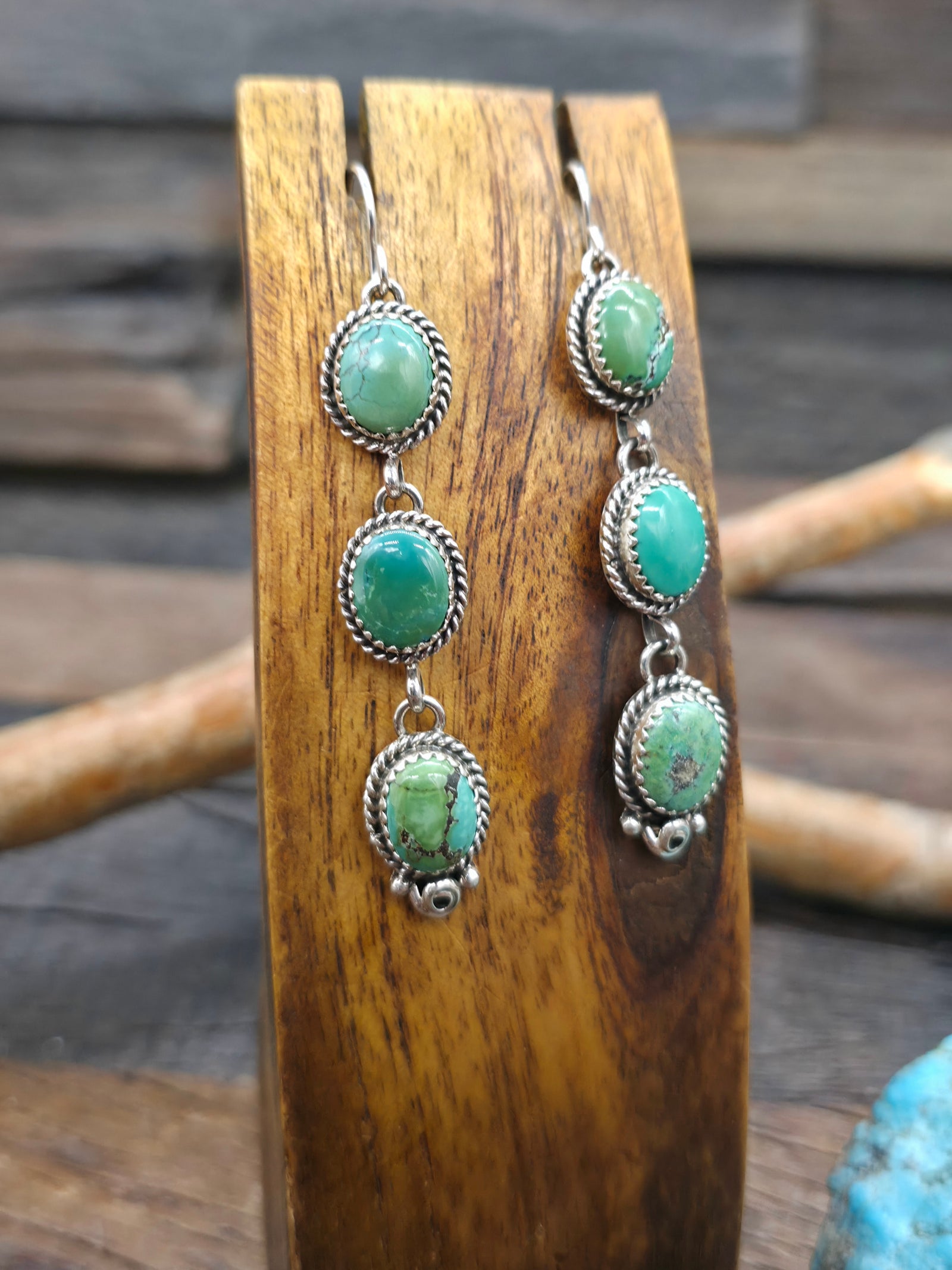 Three Stone Sterling Silver Mixed Turquoise Earrings by Brenda Jimenez - 2 3/4 in. by 1/2 in.