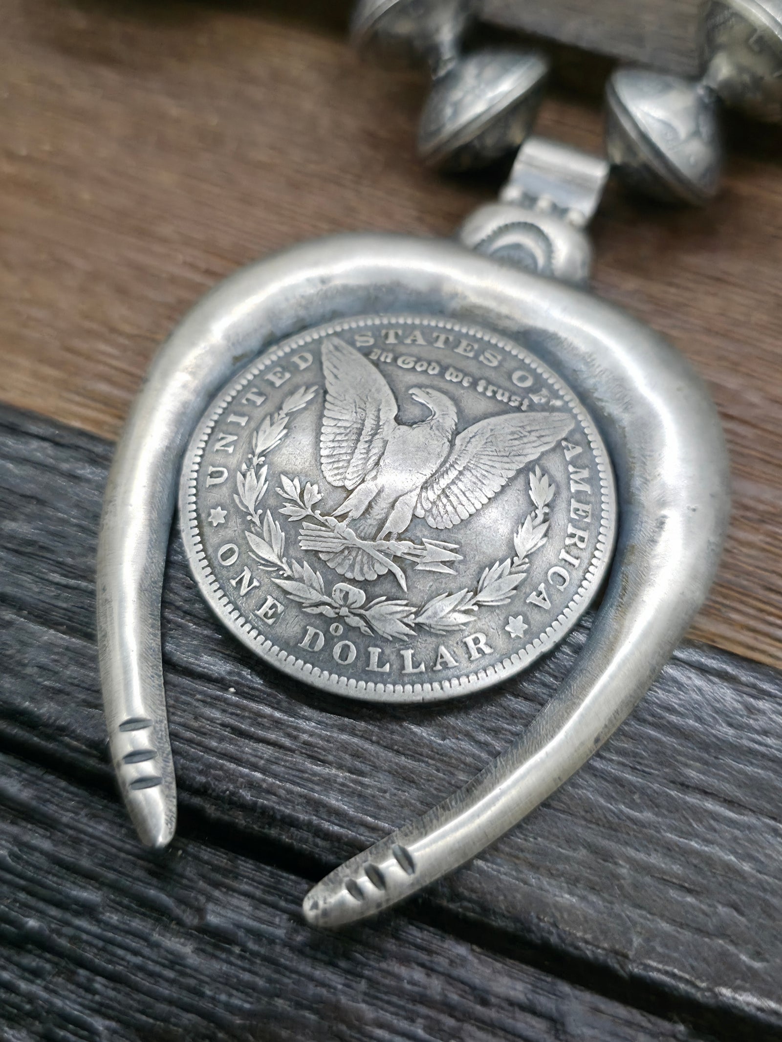Eagle Dollar Coin Silver Squash Blossom Necklace with Mercury Dime Beads - 26 in.