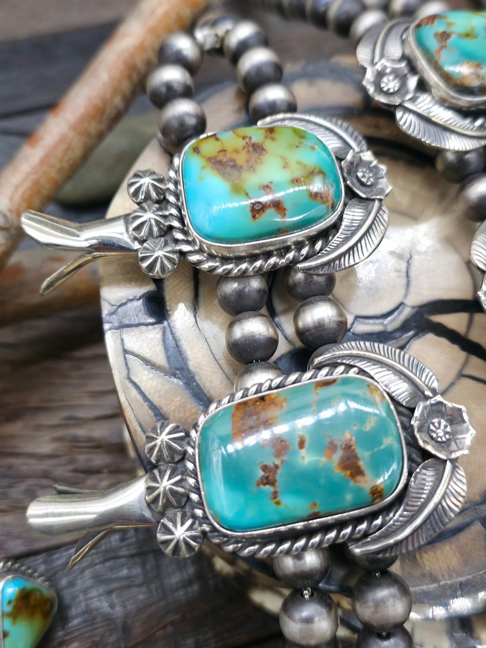 Turquoise and Sterling Silver Leaf Applique Squash Blossom Necklace and Earring Set by Leonard Platero - 30 in.
