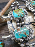 Turquoise and Sterling Silver Leaf Applique Squash Blossom Necklace and Earring Set by Leonard Platero - 30 in.