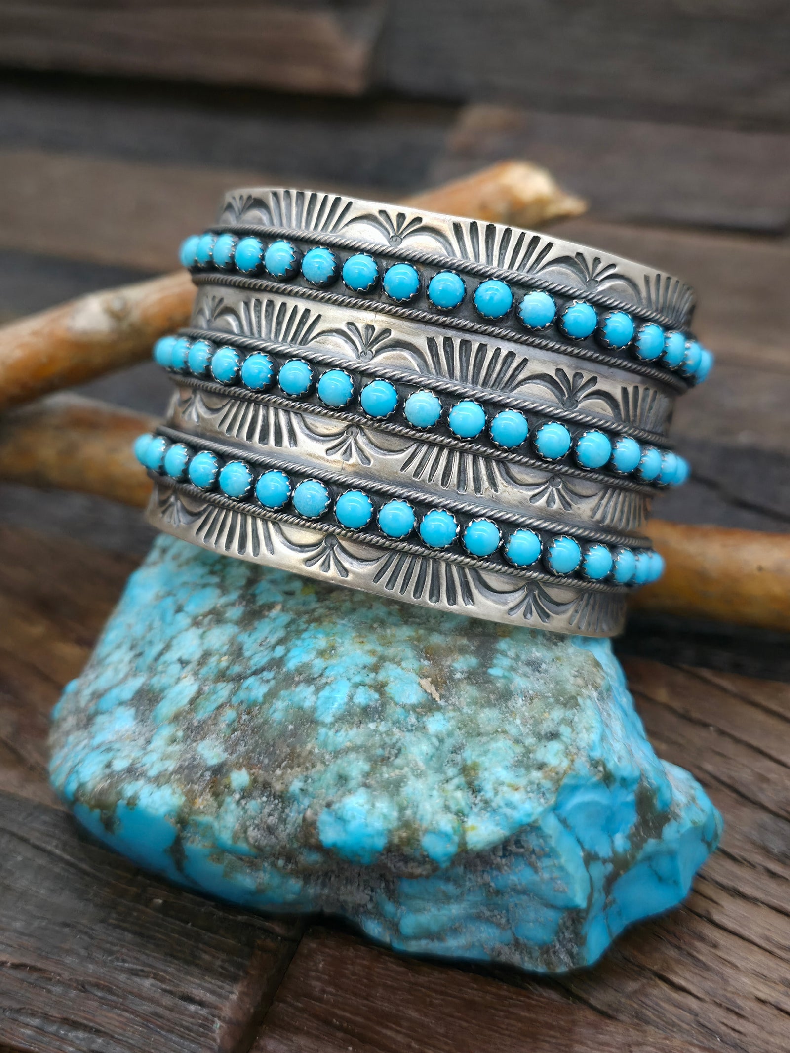 Sleeping Beauty Sterling Silver Cuff Stamped Bracelet by Mark Yazzie - 6 1/2 in. w/Gap
