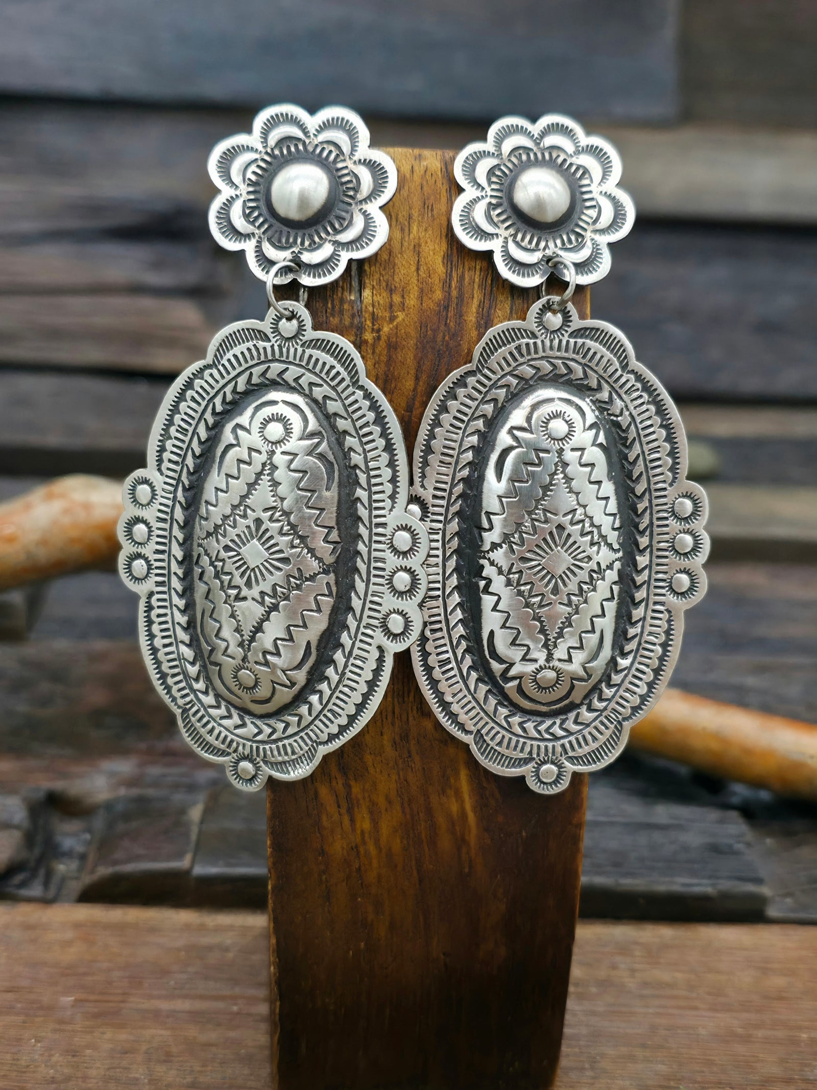 Large Sterling Silver Stamped Oval Earrings by Leander Tahe