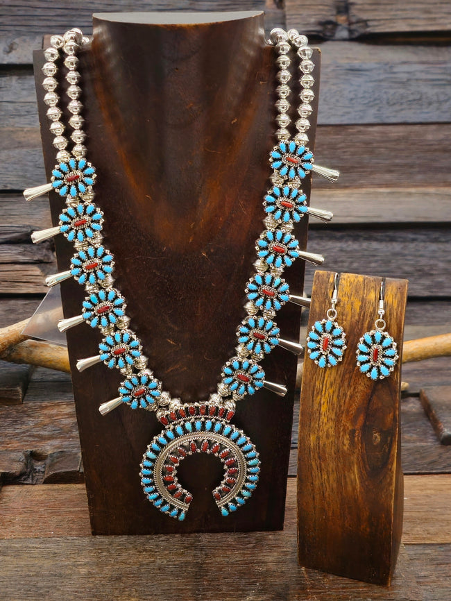 Sterling Silver Turquoise and Coral Squash Blossom Necklace and Earring Set - 24 in.