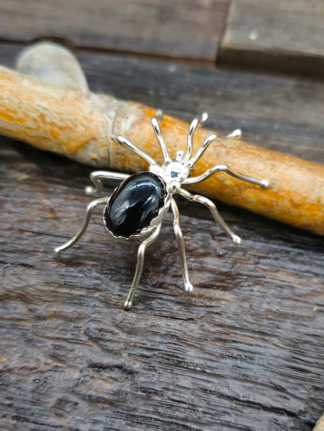 Sterling Silver and Onyx Spider Pin by Effie Garfield