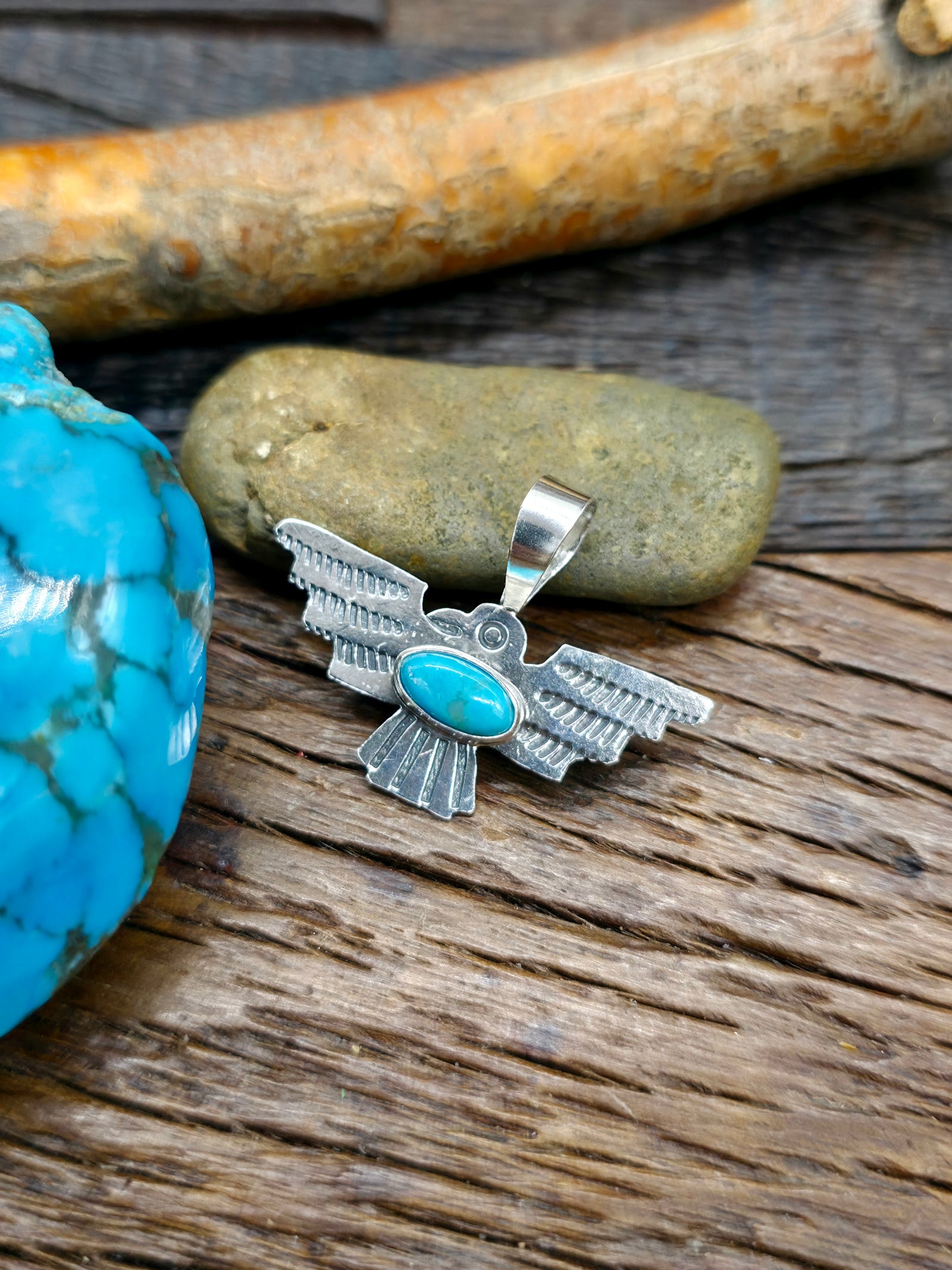 Sterling Silver Turquoise Thunderbird Pendant by Lucille Platero - 1 in. by 1 1/2 in.