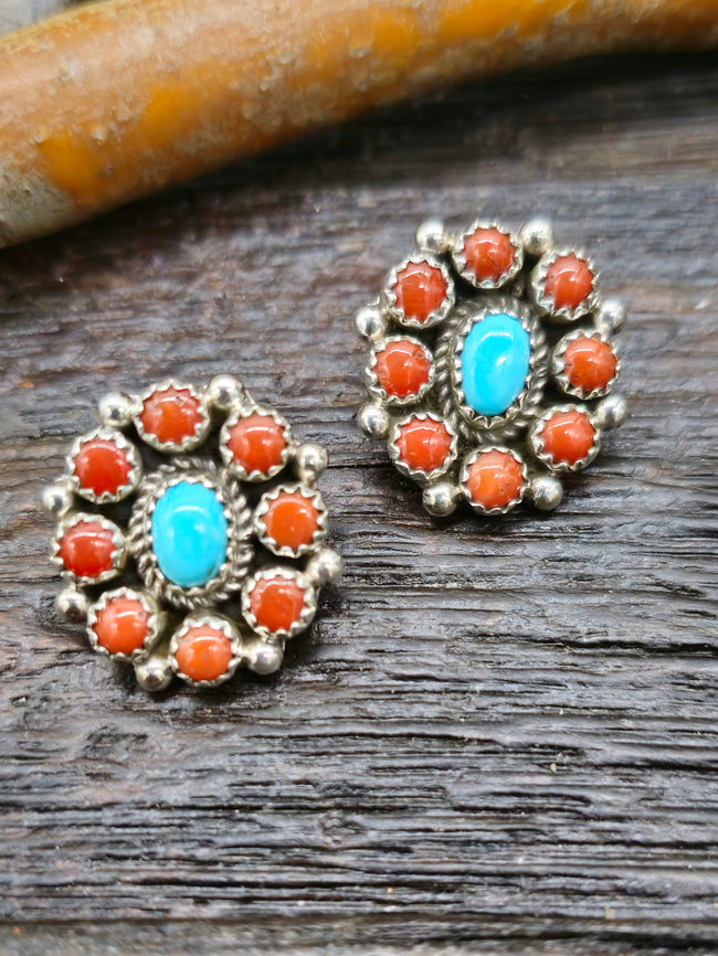 Sterling Silver Turquoise and Coral Cluster Earrings by Sally Yazzie
