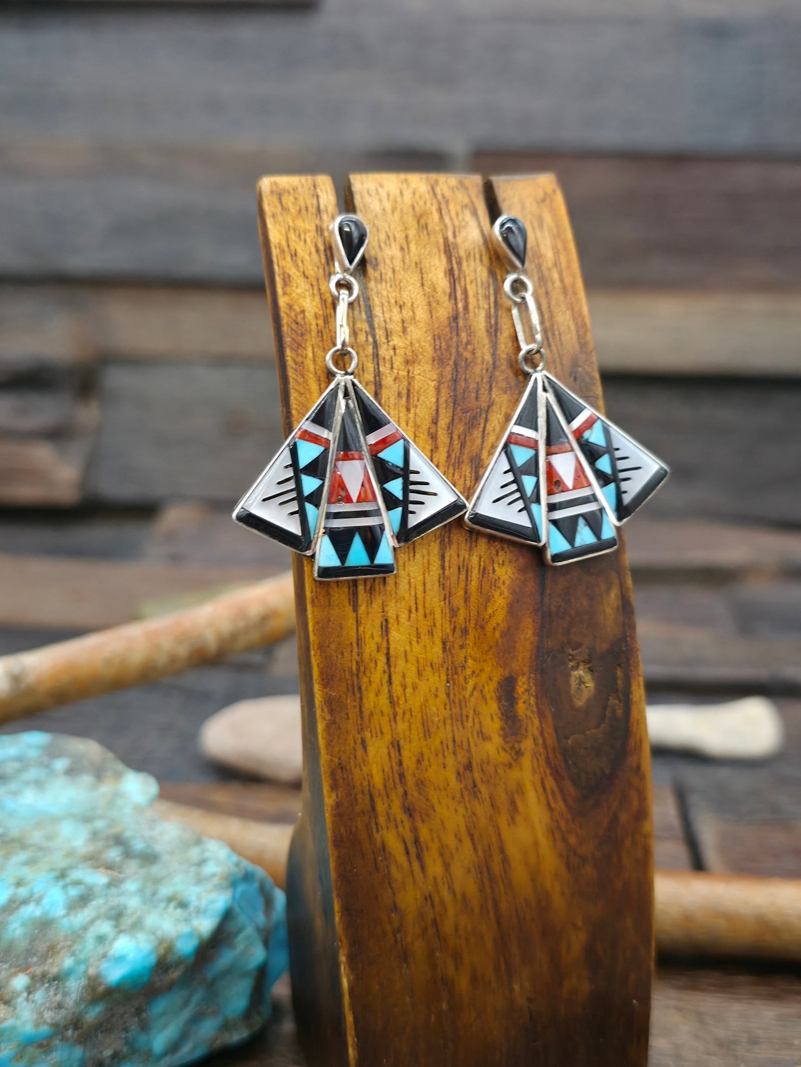 Sterling Silver Post Dangle Inlay Earrings by Kathy Booie - 1 3/4 in. by 1 1/4 in.