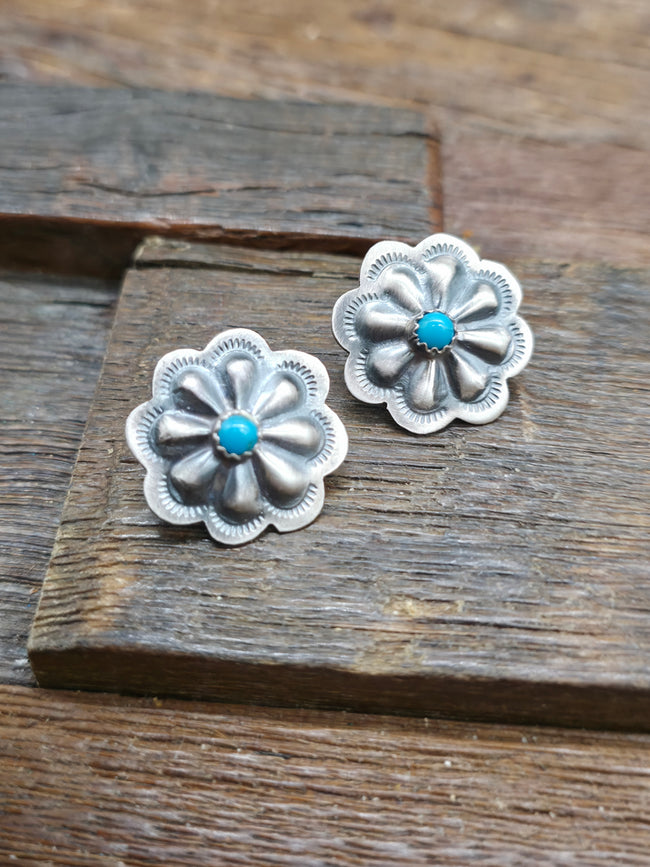 Stamped Sterling Silver Turquoise Concha Earrings - 1 in. by 1 in.