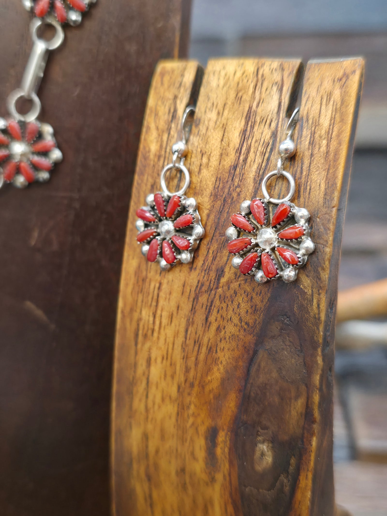 Zuni Sterling Silver and Coral Lariat Necklace and Earring Set by David Leekity - 20 in. with 1 1/3 in. Drop