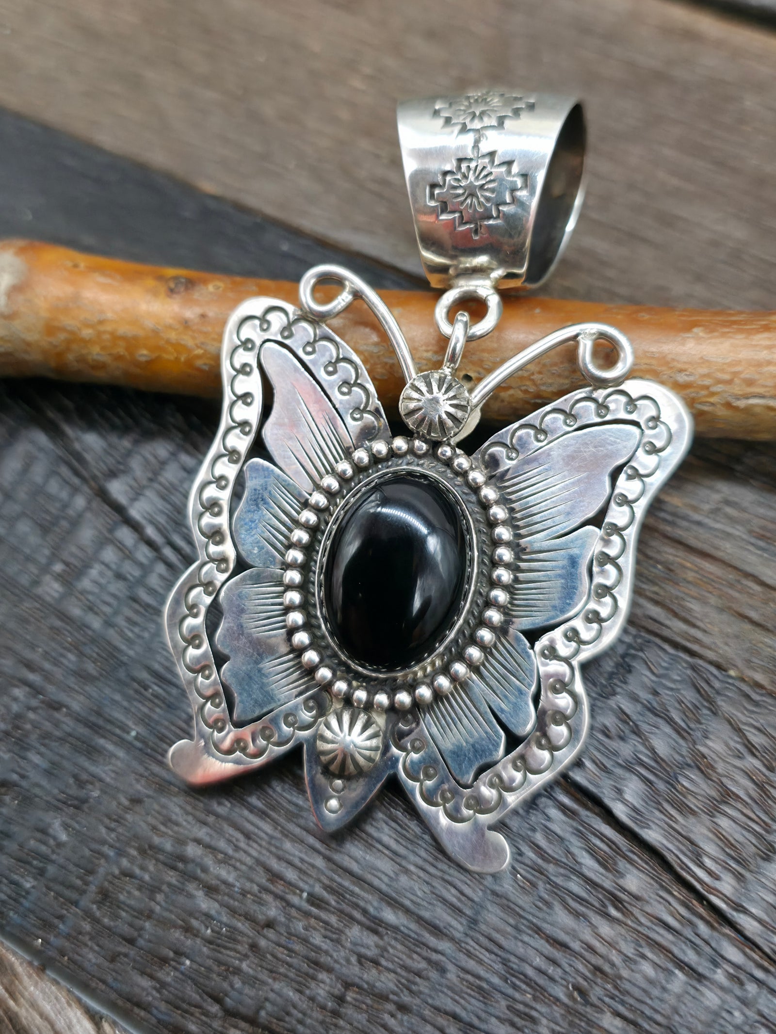 Stamped Sterling Silver Onyx Butterfly Pendant