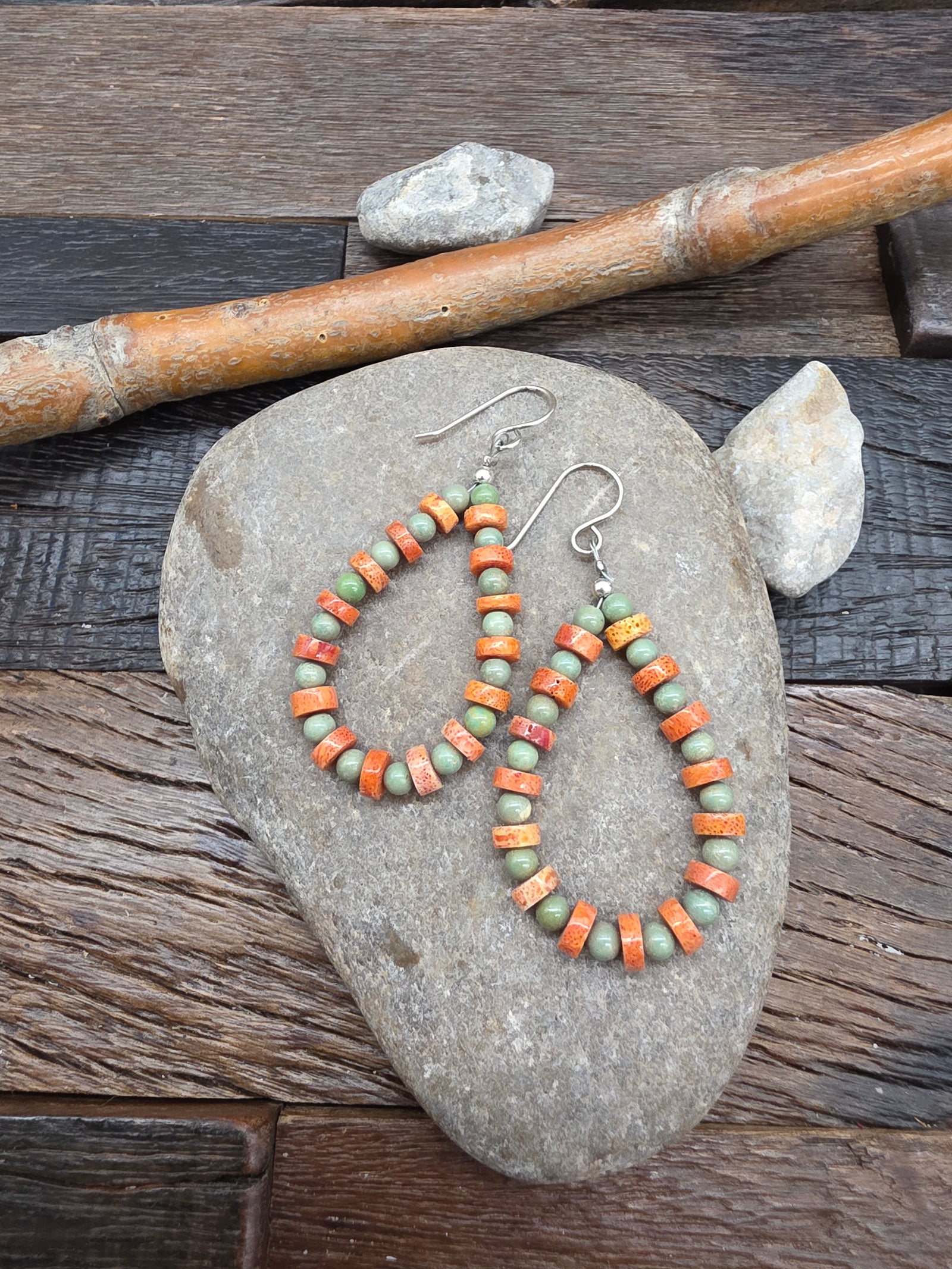 Apple Coral Heishi and Green Turquoise Sphere Bead Earrings by Fred Archuleta