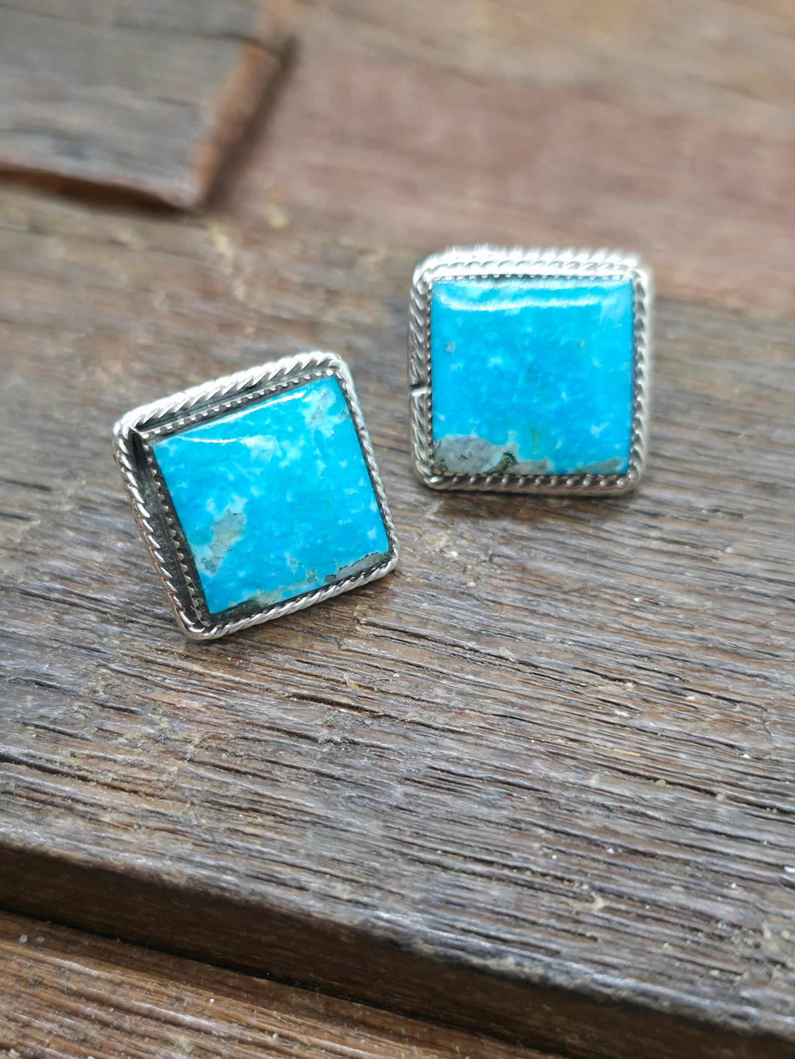 Square Sterling Silver Turquoise Post Earrings by David Lopez - 5/8 in. by 5/8 in.