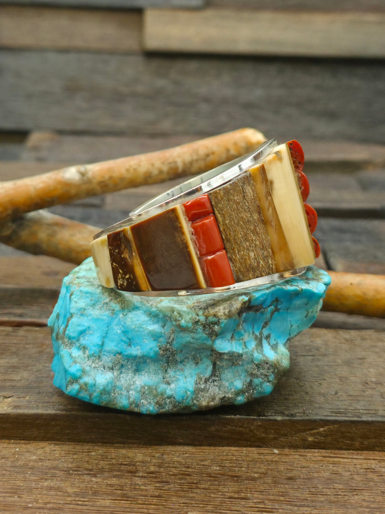 Sterling Silver Cobblestone Inlay Cuff with Coral and Fossil Ivory by Walter Vandever - 6 3/4 in. with Gap