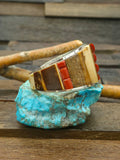 Sterling Silver Cobblestone Inlay Cuff with Coral and Fossil Ivory by Walter Vandever - 6 3/4 in. with Gap