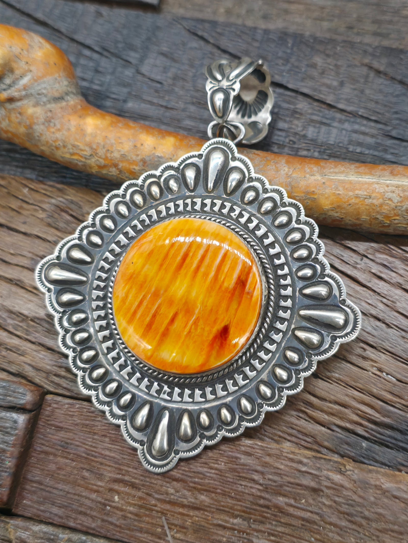 Repousse Stamped Sterling Silver Spiny Oyster Pendant by Tsosie White - 4 1/2 by 3 1/4 in.