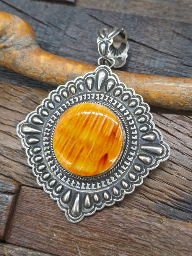 Repousse Stamped Sterling Silver Spiny Oyster Pendant by Tsosie White - 4 1/2 by 3 1/4 in.