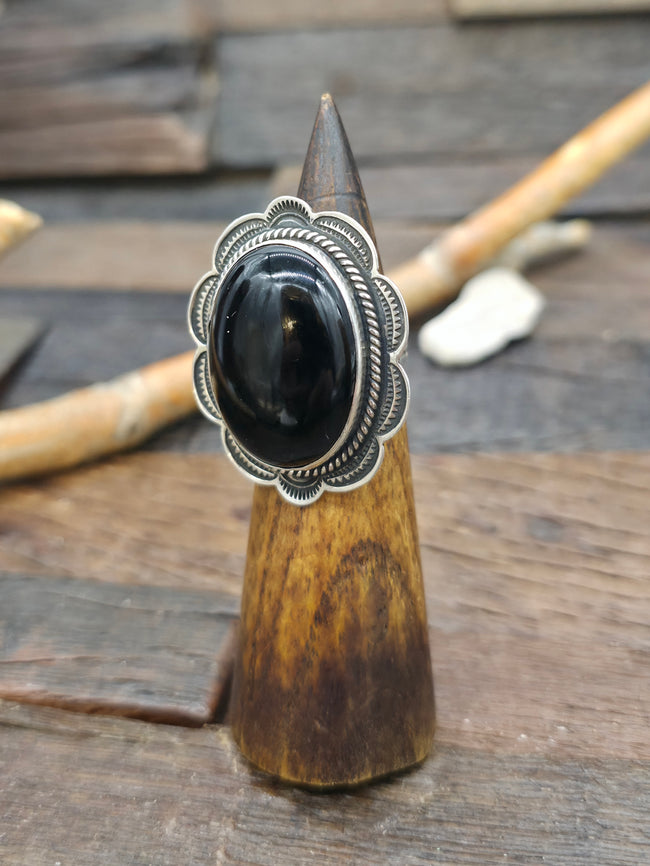 Stamped Sterling Silver Onyx Ring by Happy Piasso - Adjustable